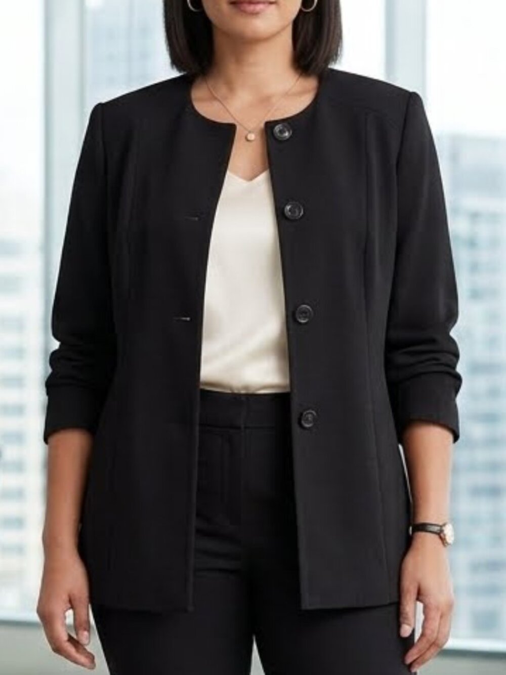 Laura Plus Woman's Collarless Black Jacket Long Button Down Front Size 24
